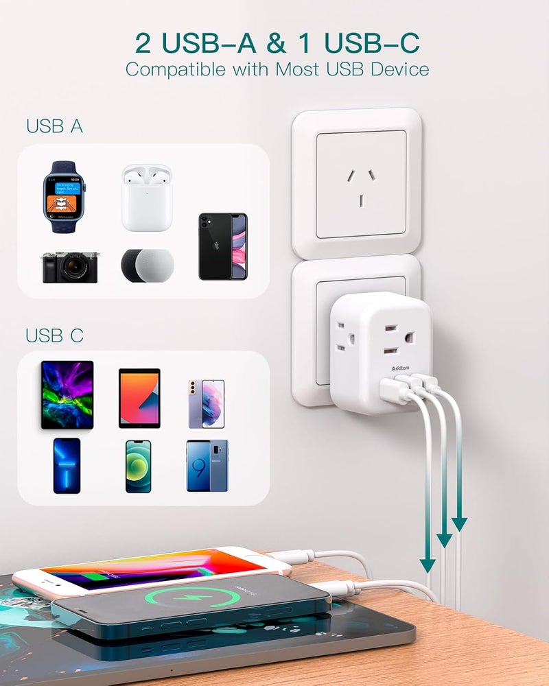 Addtam محول الطاقة الأسترالي النيوزيلندي، محول السفر الأسترالي مع 3 مآخذ أمريكية و 3 منافذ شحن USB (1 USB C)، محول نوع I من الولايات المتحدة إلى أستراليا، الأرجنتين، الصين - Image 4